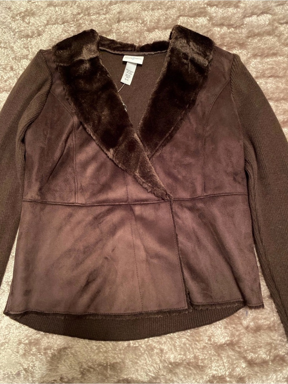 Jaclyn Smith Brown Faux-Suede Shawl-Collar Cardigan
